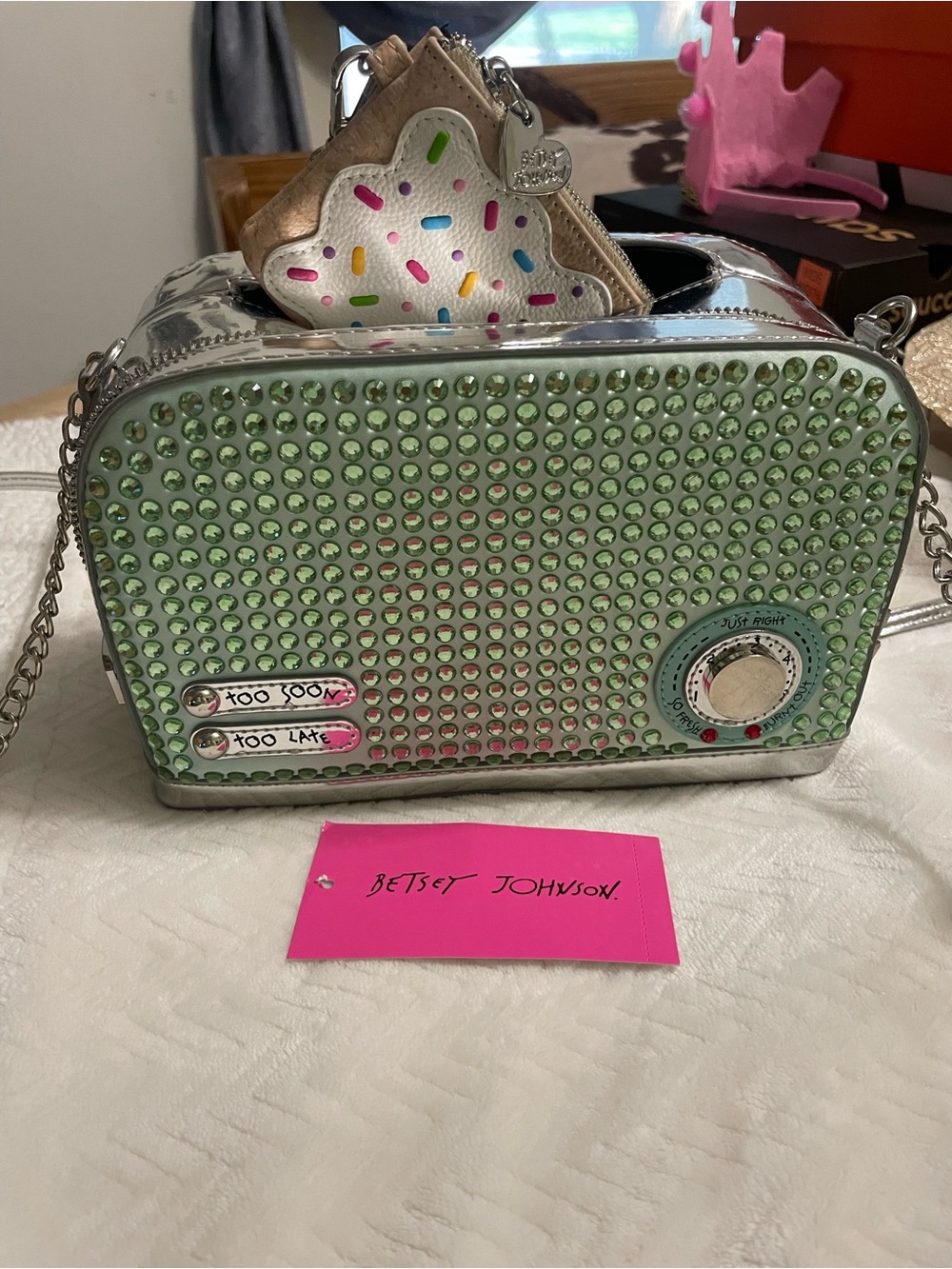 Betsey Johnson Green Rhinestone Retro “Lets Get Toasted” Crossbody Bag